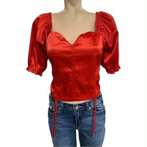 Tea n Cup Red Satin Puff-Sleeve Corset Top Size L